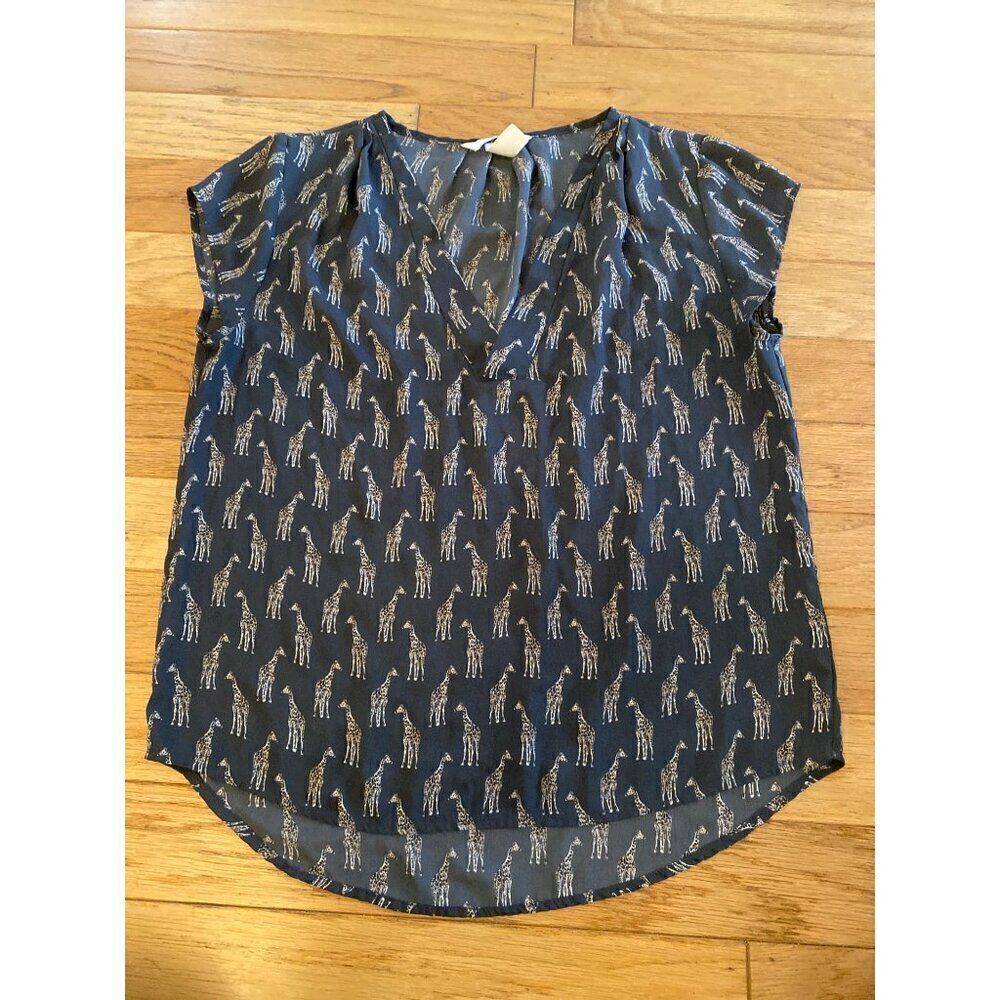 H&M women's sheer giraffe printed v-neck short sleeve loose blouse size 8